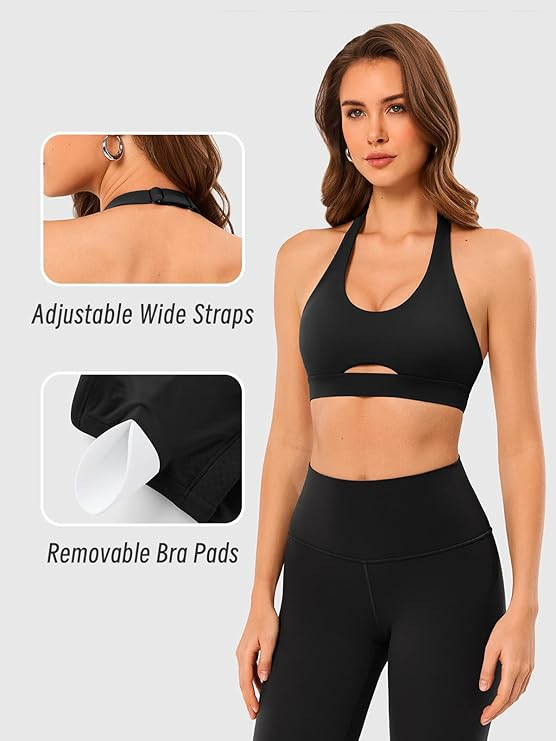Women’s Open-Back Halter Sports Bra - Padded High-Support Crop Top