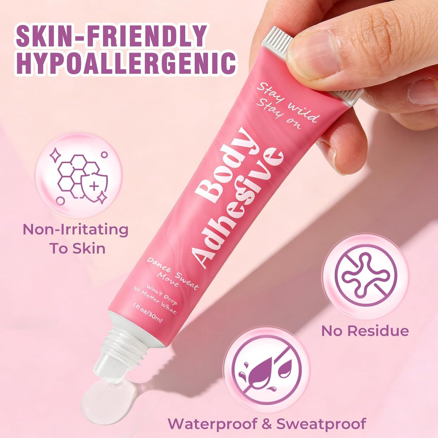 Body Adhesive Glue for Clothes & Skin, Fabric-Safe Body Glue, Sweat-Resistant & Washable, Fashion Glue Tape for Dancers, Socks, Leotards, Bras, Wigs, Costumes, Cosplay, Holds All Day, Fast Drying