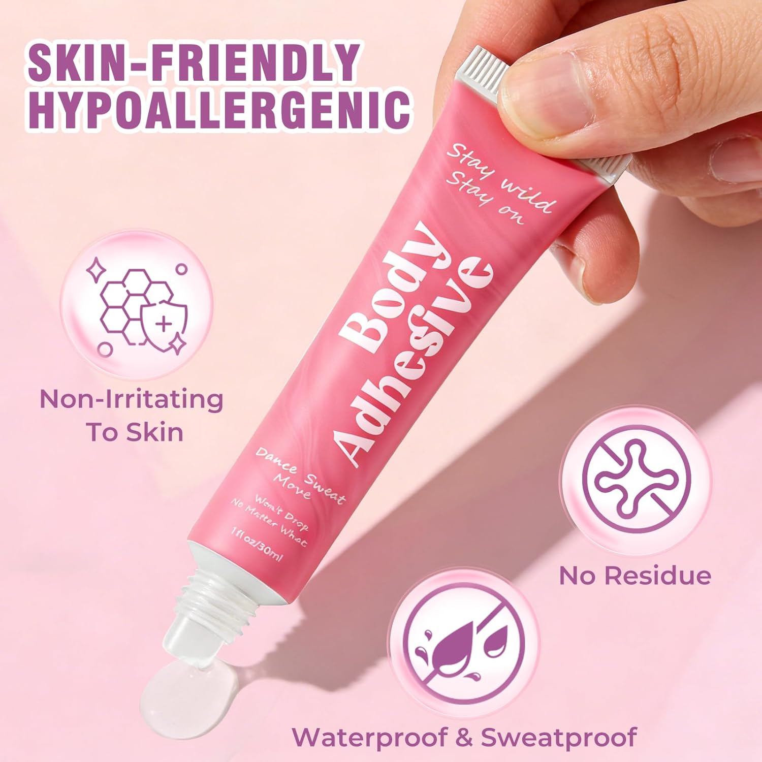 Body Adhesive Glue for Clothes & Skin, Fabric-Safe Body Glue, Sweat-Resistant & Washable, Fashion Glue Tape for Dancers, Socks, Leotards, Bras, Wigs, Costumes, Cosplay, Holds All Day, Fast Drying