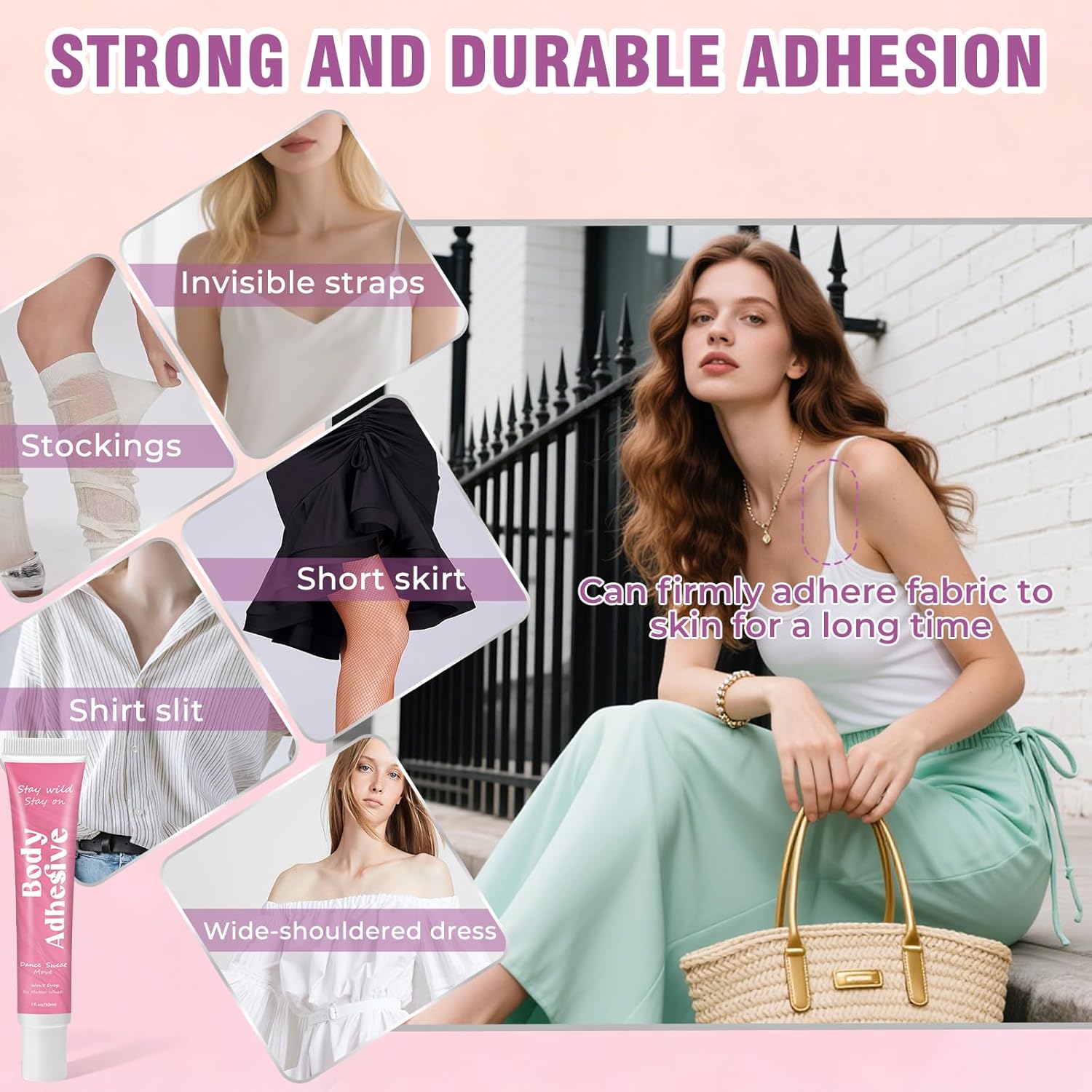 Body Adhesive Glue for Clothes & Skin, Fabric-Safe Body Glue, Sweat-Resistant & Washable, Fashion Glue Tape for Dancers, Socks, Leotards, Bras, Wigs, Costumes, Cosplay, Holds All Day, Fast Drying