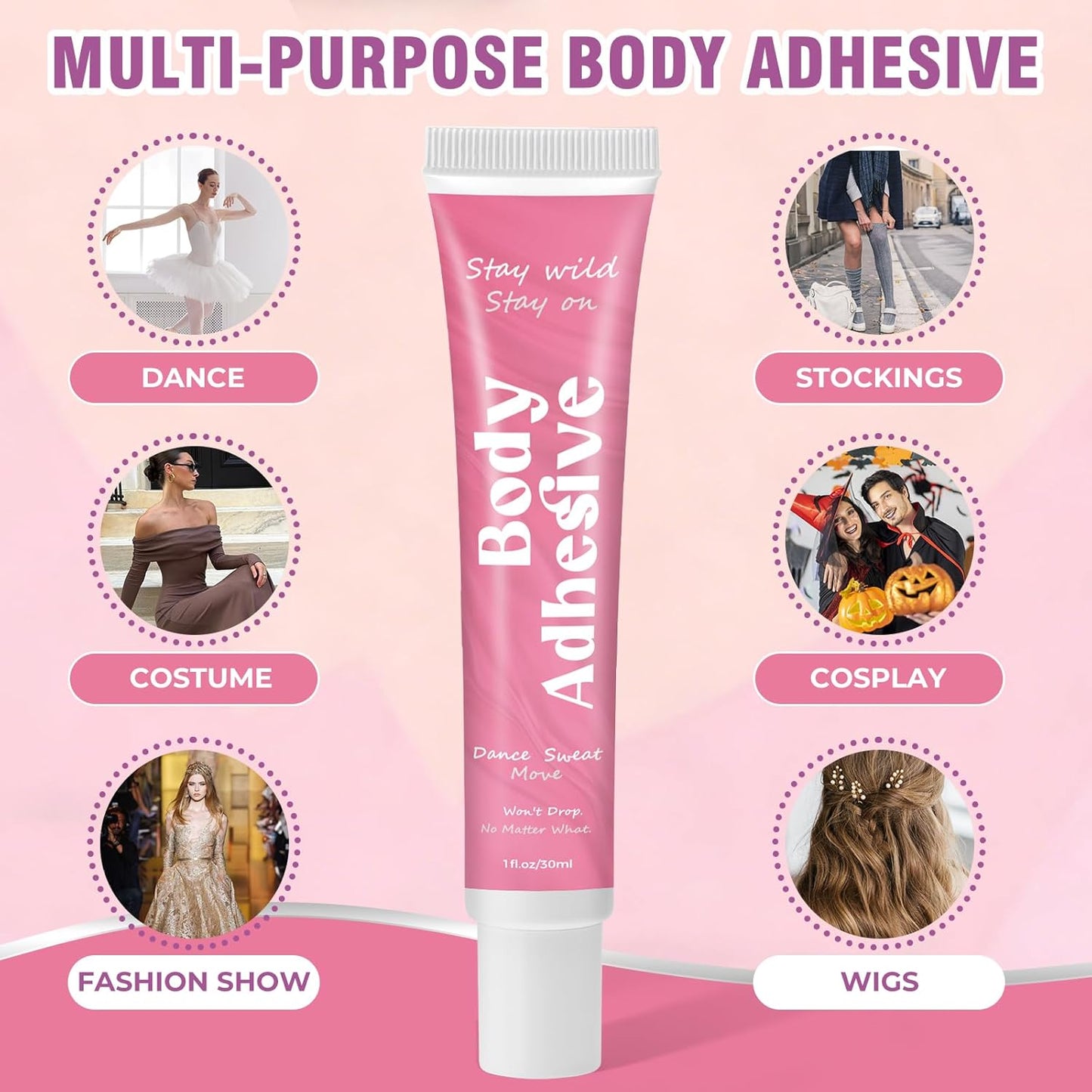 Body Adhesive Glue for Clothes & Skin, Fabric-Safe Body Glue, Sweat-Resistant & Washable, Fashion Glue Tape for Dancers, Socks, Leotards, Bras, Wigs, Costumes, Cosplay, Holds All Day, Fast Drying