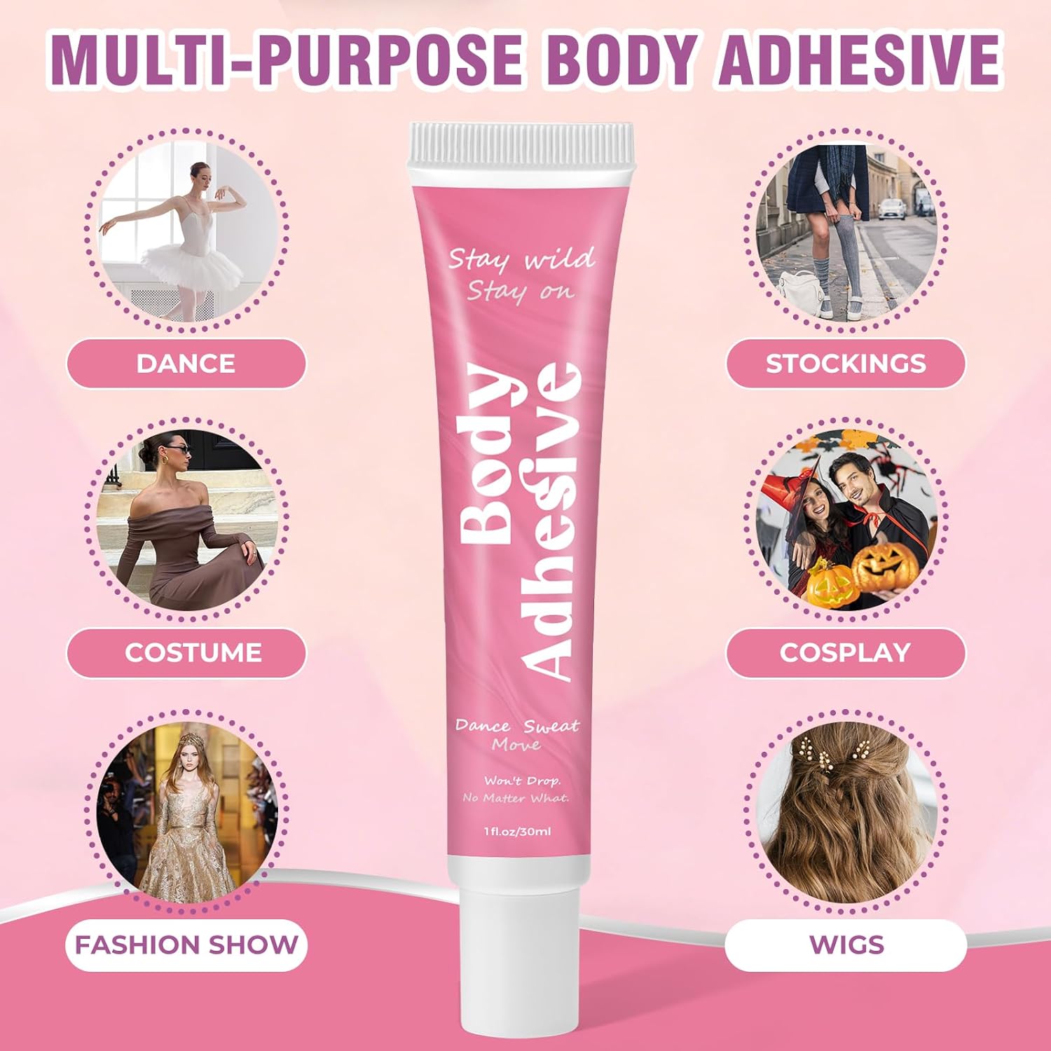 Body Adhesive Glue for Clothes & Skin, Fabric-Safe Body Glue, Sweat-Resistant & Washable, Fashion Glue Tape for Dancers, Socks, Leotards, Bras, Wigs, Costumes, Cosplay, Holds All Day, Fast Drying