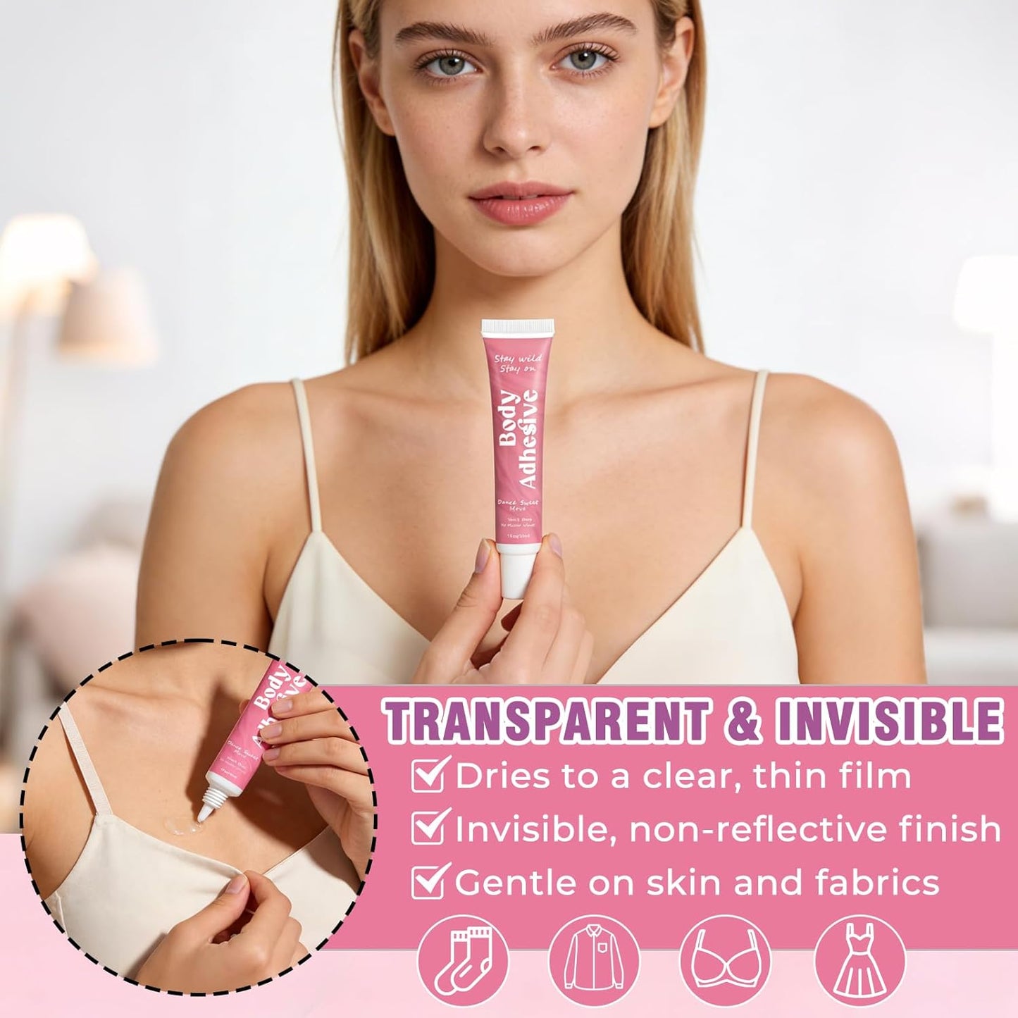 Body Adhesive Glue for Clothes & Skin, Fabric-Safe Body Glue, Sweat-Resistant & Washable, Fashion Glue Tape for Dancers, Socks, Leotards, Bras, Wigs, Costumes, Cosplay, Holds All Day, Fast Drying