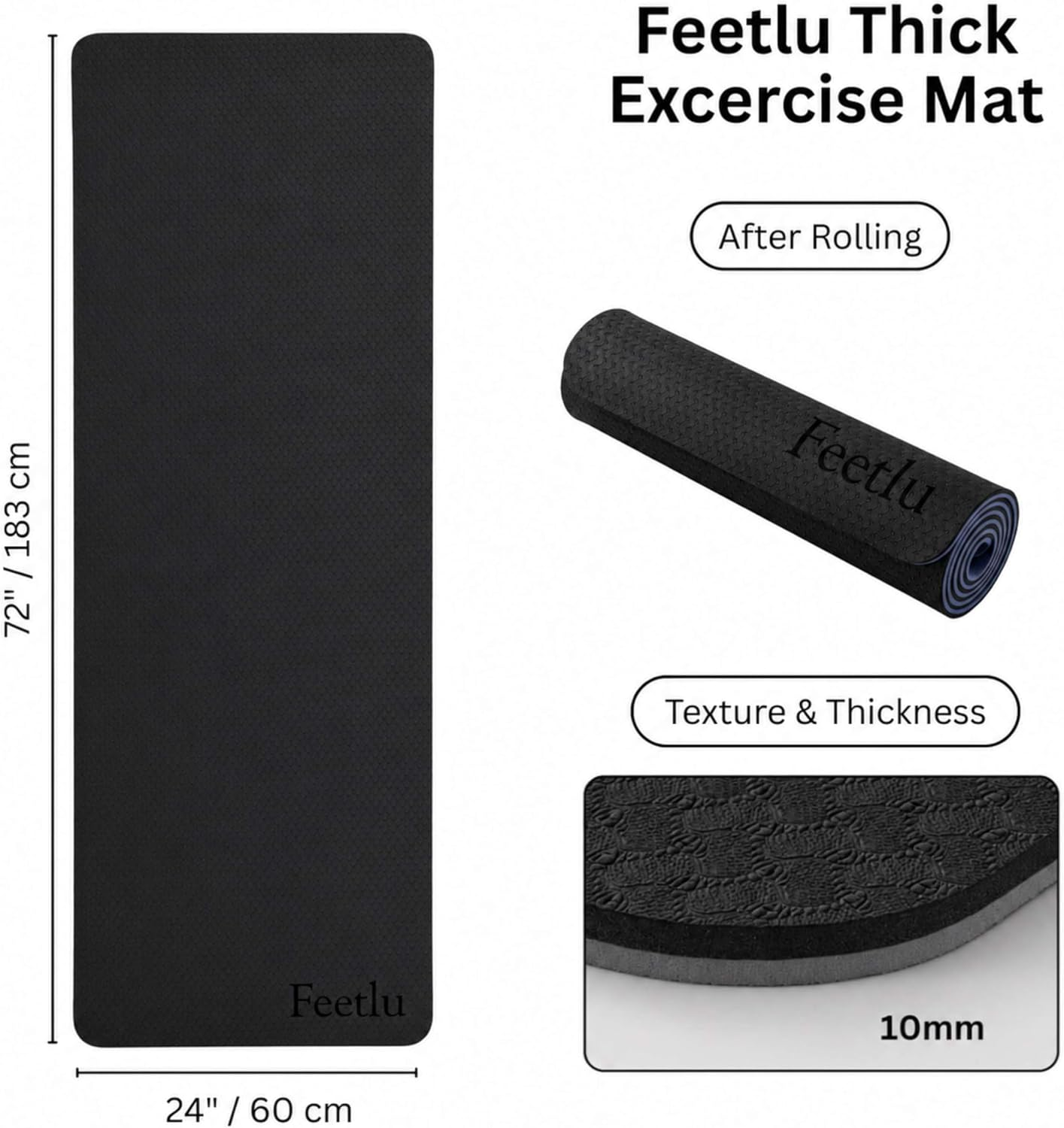 72 x 24 Inch Extra Thick 10mm NBR Foam Yoga Mat with Carry Strap